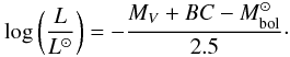 \begin{equation} \label{lum} \log\left(\frac{L}{L^\odot}\right)=-\frac{M_V+BC-M_{\rm bol}^{\odot}}{2.5}\cdot \end{equation}