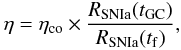 \begin{equation} \label{eq:rate} \eta=\eta_{\rm co}\times \frac{R_{\rm SNIa}(t_{\rm GC})}{R_{\rm SNIa}(t_{\rm f})}, \end{equation}