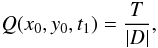 \begin{equation} Q(x_0,y_0,t_1) = \frac{T}{|D|}, \label{eqn:q} \end{equation}