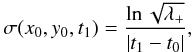 \begin{equation} \sigma(x_0,y_0,t_1) = \frac{\ln\sqrt{\lambda_+}}{|t_1-t_0|}, \label{eqn:sigma} \end{equation}