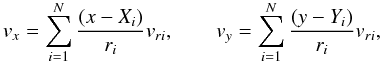\begin{equation} v_x = \sum_{i=1}^{N} \frac{(x-X_i)}{r_i}v_{ri},\qquad v_y = \sum_{i=1}^{N} \frac{(y-Y_i)}{r_i}v_{ri}, \end{equation}