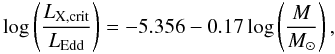 \begin{equation} \log\left(\frac{L_{\rm X, crit}}{L_{\rm Edd}}\right)=-5.356-0.17 \log\left(\frac{M}{M_{\odot}}\right), \label{yuaneq} \end{equation}