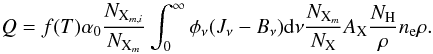 \begin{equation} Q = f(T)\alpha_0 \frac{N_{{\rm X}_{m,i}}}{N_{{\rm X}_m}} \int_0^\infty\phi_\nu(J_\nu-B_\nu){\rm d}\nu \frac{N_{{\rm X}_m}}{N_{\rm X}}A_{\rm X}\frac{N_{\rm H}}{\rho}n_{\rm e}\rho. \label{eq:qheat} \end{equation}