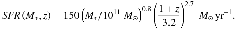 \begin{equation} {\it SFR}\left(M_{*}, z\right) = 150\left(M_{*}/10^{11}~M_{\odot}\right)^{0.8}\left(\frac{1+z}{3.2}\right)^{2.7} ~{M_{\odot}\,{\rm yr}^{-1}}. \label{eqn:sfr} \end{equation}