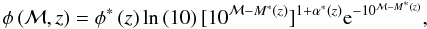 \begin{equation} \phi\left(\mathcal{M}, z\right) = \phi^{*}\left(z\right)\ln\left(10\right)[10^{\mathcal{M}-M^{*}\left(z\right)}]^{1+\alpha^{*}\left(z\right)}{\rm e}^{-10^{\mathcal{M}-M^{*}\left(z\right)}}, \label{eqn:gmf} \end{equation}