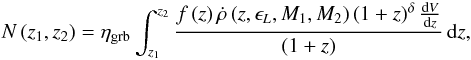 \begin{eqnarray} N\left(z_{1},z_{2}\right) = \eta_{\mathrm{grb}}\int_{z_{1}}^{z_{2}} \frac{f\left(z\right)\dot{\rho}\left(z,\epsilon_{L},M_{1},M_{2}\right)\left(1+z\right)^{\delta} \frac{\mathrm{d}V}{\mathrm{d}z}}{\left(1+z\right)}\,\mathrm{d}z, \label{eqn:grb_rate} \end{eqnarray}