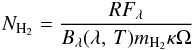 \begin{equation} N_{\rm H_2} = \frac{ R F_{\lambda} }{ B_{\lambda}(\lambda,\,T) m_{\rm H_2} \kappa \Omega} \end{equation}