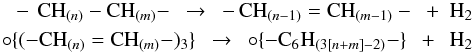 \begin{eqnarray} -\,{\rm CH}_{(n)}-{\rm CH}_{(m)}- \ \ \rightarrow \ \ -\,{\rm CH}_{(n-1)}={\rm CH}_{(m-1)}- \ \ + \ \ {\rm H}_2 &&\notag\\ \circ\{(-{\rm CH}_{(n)}={\rm CH}_{(m)}-)_3\} \ \ \rightarrow \ \ \circ\{-{\rm C}_6{\rm H}_{(3[n+m]-2)}-\} \ \ + \ \ {\rm H}_2 \label{eq_struct_rearrange} \end{eqnarray}