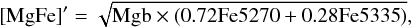 \begin{equation} [\rm{MgFe}]{'}=\sqrt{\rm{Mgb} \times (0.72 \rm{Fe5270} +0.28 \rm{Fe5335})}, \end{equation}