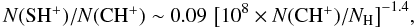 \begin{equation} N(\SHp)/N(\CHp) \sim 0.09 \,\, \big[ 10^{8} \times N(\CHp)/N_{\rm H} \big]^{-1.4}, \end{equation}