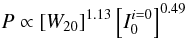 \begin{equation} \label{eq_pot_vs_w20i} P \propto \left[ W_{20} \right] ^{1.13} \left[ I_0^{i=0} \right]^{0.49} \end{equation}