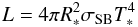\begin{equation} \label{eq:lrt} L = 4 \pi R_{*}^2 \sigma_{\mathrm{SB}} T_{*}^4 \end{equation}