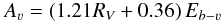 \begin{equation} \label{eq:Av} A_{\varv} = \left( 1.21 R_{V} + 0.36 \right) E_{b-\varv} \end{equation}