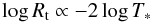 \begin{equation} \label{eq:wctrend} \log R_{\mathrm{t}} \propto -2 \log T_{*} \end{equation}