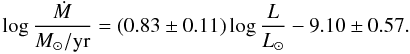 \begin{equation} \label{eq:mdotlfit} \log \frac{\dot{M}}{M_{\odot}/\mathrm{yr}} = \left( 0.83 \pm 0.11 \right) \log \frac{L}{L_{\odot}} - 9.10 \pm 0.57. \end{equation}