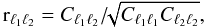 \begin{equation} {\rm r}_{\ell_{1}\ell_{2}}= C_{\ell_{1}\ell_{2}}/\!\!\sqrt{C_{\ell_{1}\ell_{1}} C_{\ell_{2}\ell_{2}}} , \end{equation}
