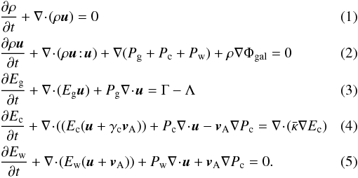 \begin{eqnarray} \label{mass} &&\pop{\rho}{t} + \diver{(\rho\vec{u})} = 0\\ \label{momentum} &&\pop{\rho\vec{u}}{t} + \diver{(\rho\vec{u}\!:\!\vec{u})} + \nabla(\Pg+\Pc+\Pw) + \rho\nabla\Phi_{\rm gal} = 0\\ \label{energy_g} &&\pop{\Eg}{t} + \diver{(\Eg\vec{u})} + \Pg\diver\vec{u} = \Gamma - \Lambda\\ \label{energy_c} &&\pop{\Ec}{t} + \diver{\left((\Ec(\vec{u}+\gc\bvA)\right)} + \Pc\diver\vec{u} - \bvA\nabla\Pc = \diver{(\bk\nabla\Ec)}\\ \label{energy_w} &&\pop{\Ew}{t} + \diver{\left(\Ew(\vec{u}+\bvA)\right)} + \Pw\diver\vec{u} + \bvA\nabla\Pc = 0 . \end{eqnarray}