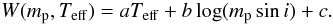 \begin{equation} \label{eq1} W(m_{\mathrm{p}},T_{\mathrm{eff}})=a T_{\mathrm{eff}} + b \log(m_{\mathrm{p}}\sin i)+c. \end{equation}
