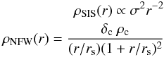 \begin{eqnarray*} \rho_{\rm SIS} (r) \propto \sigma^2 r^{-2} \\ \rho_{\rm NFW} (r) = \frac{\delta_{\rm c} \ \rho_{\rm c}}{(r/r_{\rm s}) (1 + r/r_{\rm s})^{2}} \end{eqnarray*}