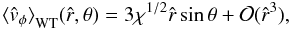 \begin{equation} \label{uWcen} {\langle\hat{v}_{\phi}\rangle}_{\rm WT}(\hat{r},\theta)=3\chi^{1/2}\hat{r}\sin{\theta}+\mathcal{O}(\hat{r}^3), \end{equation}