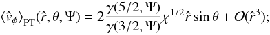 \appendix \setcounter{section}{2} \begin{equation} {\langle\hat{v}_{\phi}\rangle}_{\rm PT}(\hat{r},\theta,\Psi)=2\frac{\gamma(5/2,\Psi)}{\gamma(3/2,\Psi)} \chi^{1/2}\hat{r}\sin{\theta}+\mathcal{O}(\hat{r}^3); \end{equation}