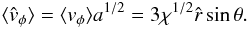 \begin{equation} \label{velunif} \langle\hat{v}_{\phi}\rangle=\langle v_{\phi}\rangle a^{1/2}=3 \chi^{1/2} \hat{r} \sin{\theta}. \end{equation}