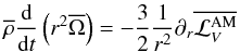 \begin{equation} \overline\rho\frac{{\rm d}}{{\rm d}t}\left(r^2{\overline\Omega}\right)=-\frac{3}{2}\frac{1}{r^2}\partial_{r}\overline{{\mathcal L}_{V}^{\rm AM}} \end{equation}