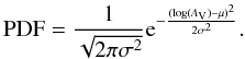 \begin{equation} \label{eq:1} \mathrm{PDF} = \frac{1}{\sqrt{2\pi\sigma^2}}{\rm e}^{-\frac{(\log(A_{\rm V})-\mu)^2}{2\sigma^2}}. \end{equation}