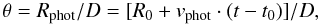 \begin{equation} \theta = R_\mathrm{phot} / D = {[ R_0 + v_\mathrm{phot} \cdot (t - t_0) ]} / D, \label{eq-1} \end{equation}