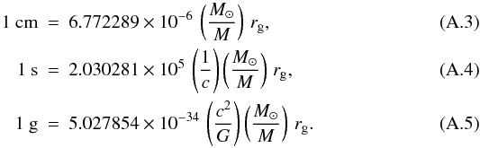 \appendix \setcounter{section}{1} \begin{eqnarray} \label{centimeter_2} 1~\rm{cm}&=&6.772289 \times 10^{-6}\, \left(\frac{M_{\odot}}{M}\right)\, r_{\rm g}, \\ \label{second_2} 1~\rm{s}&=&2.030281 \times 10^{5} \, \left(\frac{1}{c}\right) \left(\frac{M_{\odot}}{M}\right)\,r_{\rm g}, \\ \label{gram_2} 1~\rm{g}&=&5.027854 \times 10^{-34} \, \left(\frac{c^2}{G}\right) \left(\frac{M_{\odot}}{M}\right)\, r_{\rm g}. \end{eqnarray}