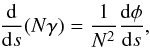 \begin{eqnarray} \label{system2} \frac{\rm d}{{\rm d}s}(N\gamma)=\frac{1}{N^2}\frac{{\rm d}\phi}{{\rm d}s}, \end{eqnarray}
