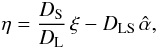 \begin{equation} \eta = \frac{D_{\rm S}}{D_{\rm L}}\,\xi-D_{\rm LS}\,\hat{\alpha},\label{eq:lens-equation-dimensional} \end{equation}