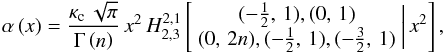 \begin{equation} \alpha\left(x\right)=\frac{\kappa_{\text{c}}\,\sqrt{\pi}}{\Gamma\left(n\right)}\, x^{2}\, H_{2,3}^{2,1}\left[\begin{array}{c} (-\frac{1}{2},\,1),(0,\,1)\\ (0,\,2n),(-\frac{1}{2},\,1),(-\frac{3}{2},\,1) \end{array}\biggr|\, x^{2}\right],\label{eq:alpha-Fox} \end{equation}