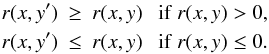 \begin{eqnarray*} r(x,y')&\geq& r(x,y) ~~~ {\rm if}~ r(x,y)>0 , \\ r(x,y')&\leq& r(x,y) ~~~ {\rm if}~ r(x,y)\leq0 . \end{eqnarray*}