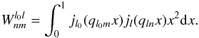 \begin{equation} W_{n m}^{l_0 l} = \int_0^1 j_{l_0} (q_{l_0 m} x) j_{l} ( q_{l n} x) x^2 {\rm d}x. \label{Transform_weigths} \end{equation}