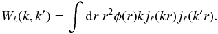 \begin{equation} W_\ell(k,k') = \int {\rd} r~r^2 \phi(r) kj_\ell(kr)j_\ell(k'r). \label{eq:window} \end{equation}