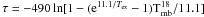 \hbox{$\tau=\rm-490\,ln[1-(e^{11.1/\it T_{\rm ex}}-1) T^{18}_{\rm mb}/\rm 11.1]$}