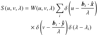 \begin{eqnarray} S(u,v,\lambda)&=& W(u,v,\lambda)\sum_{i}\delta\left(u-\frac{\vec{b}_{i}\cdot\vec{\hat{x}}}{\lambda}\right) \notag \\ &&\quad \times \delta\left(v-\frac{\vec{b}_{i}\cdot\vec{\hat{y}}}{\lambda}\right)\delta\left(\lambda-\lambda_{i}\right)\label{eq:uv_sampling_fn} \end{eqnarray}