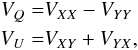 \begin{eqnarray} V_{Q} &= & V_{{XX}}-V_{{YY}}\notag \\ V_{U}& = & V_{{XY}}+V_{{YX}}, \end{eqnarray}