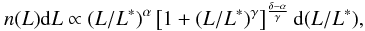 \begin{equation} n (L) \mathrm{d}L \propto (L/L^{*})^\alpha \left[1 + (L/L^{*})^\gamma\right]^\frac{\delta-\alpha}{\gamma} \mathrm{d}(L/L^{*}), \label{eq:abell} \end{equation}
