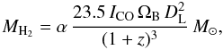 \begin{equation} \label{eq:plane} M_{\rm H_2} = \alpha\, \frac{ 23.5\, I_{\rm {CO}}\, \Omega_{\rm B}\, {D_{\rm L}^2}}{(1+z)^3} \msun , \end{equation}