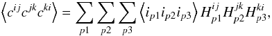 \appendix \setcounter{section}{1} \begin{equation} \left\langle c^{ij}c^{jk}c^{ki}\right\rangle= \sum_{p1}\sum_{p2}\sum_{p3} \left\langle i_{p1}i_{p2}i_{p3}\right\rangle H^{ij}_{p1}H^{jk}_{p2}H^{ki}_{p3}, \end{equation}