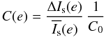 \begin{equation} C(e) = \frac{\Delta I_{\rm s}(e) }{ \overline{I_{\rm s}}(e) } \, \frac{1}{C_0} \label{eq:contrast} \end{equation}