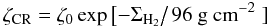 \begin{equation} \zeta _{\mathrm{CR}} = \zeta _{0} \exp{\left[ - \Sigma _{\mathrm{H _{2}}}\right/96~\mathrm{g}~\mathrm{cm}^{-2}\left. \right]} \label{eq:CR_ion_rate} \end{equation}