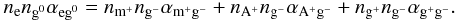 \begin{eqnarray} n_{\mathrm{e}}n_{\mathrm{g}^{0}}\alpha_{\mathrm{e}\mathrm{g}^{0}} = n_{\mathrm{m}^{+}}n_{\mathrm{g}^{-}}\alpha_{\mathrm{m}^{+}\mathrm{g}^{-}} + n_{\mathrm{A}^{+}}n_{\mathrm{g}^{-}}\alpha_{\mathrm{A}^{+}\mathrm{g}^{-}} + n_{\mathrm{g}^{+}}n_{\mathrm{g}^{-}}\alpha_{\mathrm{g}^{+}\mathrm{g}^{-}}. \label{eq:negative_grain} \end{eqnarray}