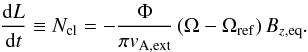 \begin{equation} \frac{\mathrm{d}L}{\mathrm{d}t}\equiv N_{\mathrm{cl}}=-\frac{\Phi }{\pi v_{\mathrm{A,ext}}} \left( \Omega -\Omega _{\mathrm{ref}}\right) B_{z,\mathrm{eq}}. \label{eq:MB_torque} \end{equation}