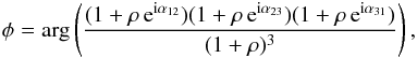 \begin{equation} \closure = \arg \left( \frac{(1+\ratio\,{\rm e}^{{\rm i}\baseAn}) (1+\ratio\,{\rm e}^{{\rm i}\baseBn}) (1+\ratio\,{\rm e}^{{\rm i}\baseCn})} {(1+\ratio)^3} \right), \label{eq:1} \end{equation}