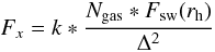 \begin{equation} F_x = k * \frac{N_{\rm gas}*F_{\rm sw}(r_{\rm h})}{\Delta^{2}} \label{eqn:luli_pred} \end{equation}