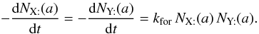 \appendix \setcounter{section}{2} \begin{equation} -\frac{{\rm d}N_{\mathrm{X:}}(a)}{{\rm d}t}=-\frac{{\rm d}N_{\mathrm{Y:}}(a)}{{\rm d}t}=k_{\rm for}\, N_{\mathrm{X:}}(a)\, N_{\mathrm{Y:}}(a).\label{eq_surf_rxn} \end{equation}