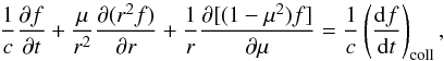 \begin{equation} \frac{1}{c} \frac{\partial f}{\partial t} + \frac{\mu}{r^2} \frac{\partial (r^2 f)}{\partial r} + \frac{1}{r} \frac{\partial [(1-\mu^2)f]}{\partial \mu} = \frac{1}{c} \left(\frac{\der f}{\der t}\right)_{\rm coll}, \label{eq:boltzmann} \end{equation}